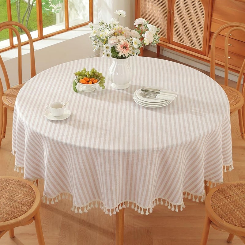 TruDelve Small Round Table Cloth 60 Inch Beige Striped Cloth Tablecloth Boho Fall Round Tablecloths for Outdoor Table Cover (Beige,60",Round) - Image 1